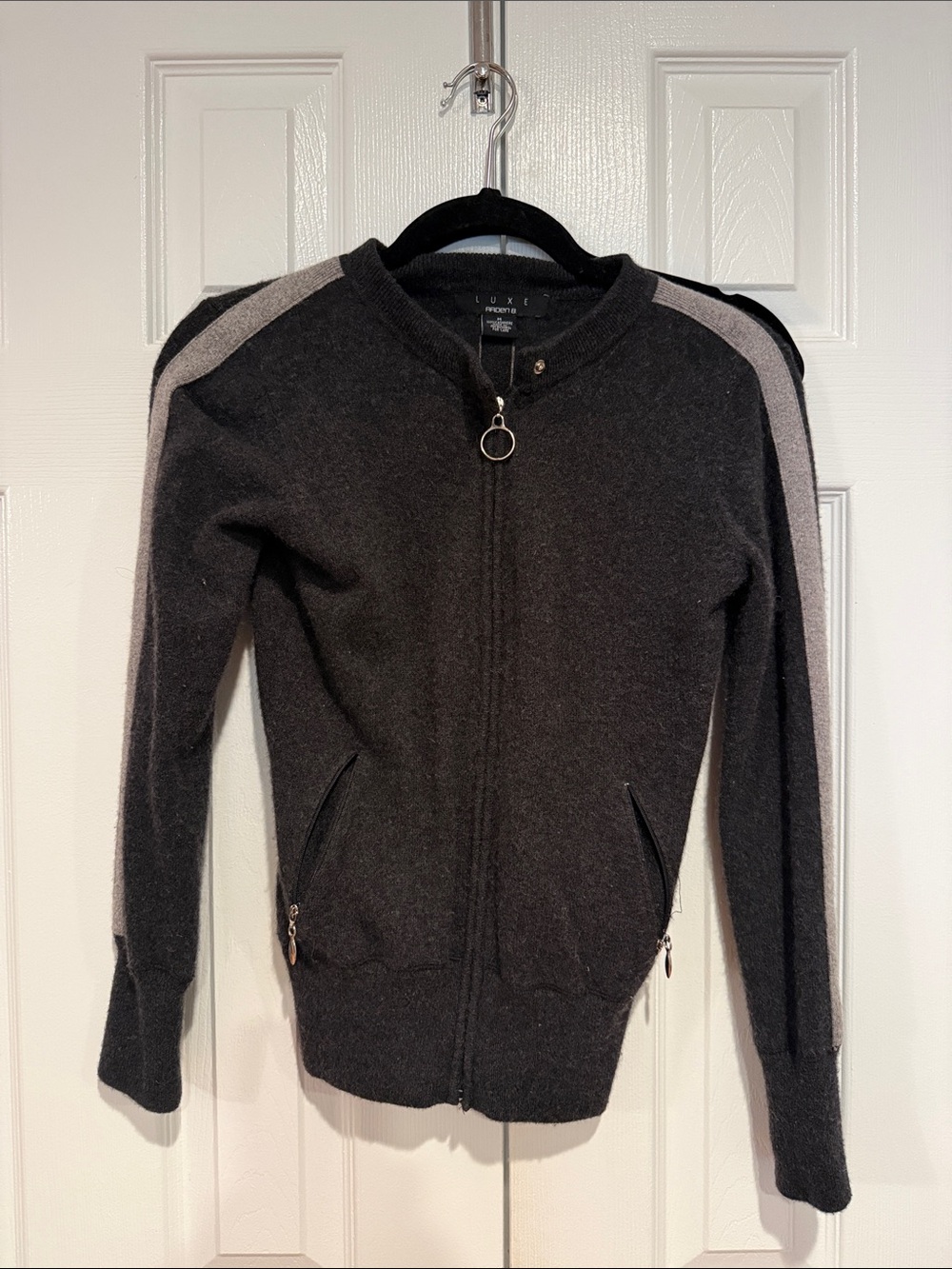 Luxe cashmere Charcoal Zip Front Sweater with Light Gray Shoulder Stripe